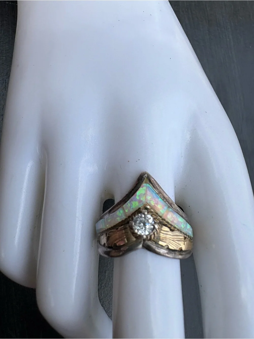 Vintage S. Ray Sterling Silver Ring with Opal and Clear Stone - Size 8.5